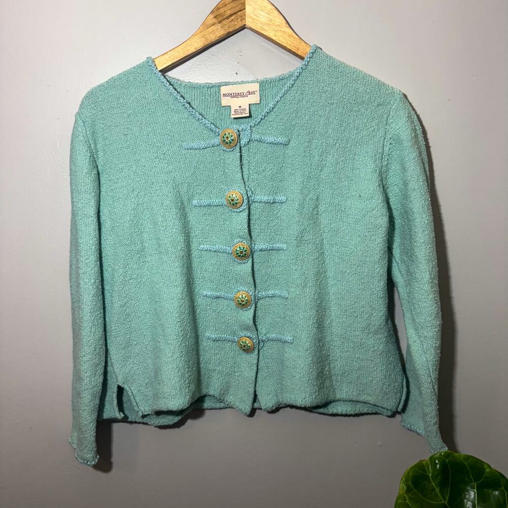 Vintage Monterey Bay Seafoam Green Cotton Knit Cardigan Boiled Wool Style Medium